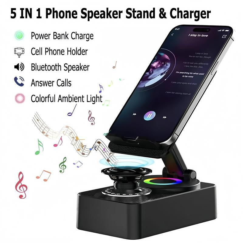 5-in-1 Wireless Bluetooth Speaker – Foldable Phone Holder with Ambient Light & Power Bank