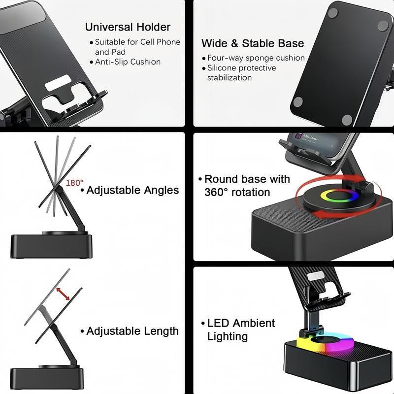 5-in-1 Wireless Bluetooth Speaker – Foldable Phone Holder with Ambient Light & Power Bank